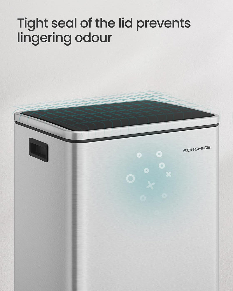 50L Stainless Steel Kitchen Bin with 15 Free Bin Bags for Rubbish Waste Silver by Songmics