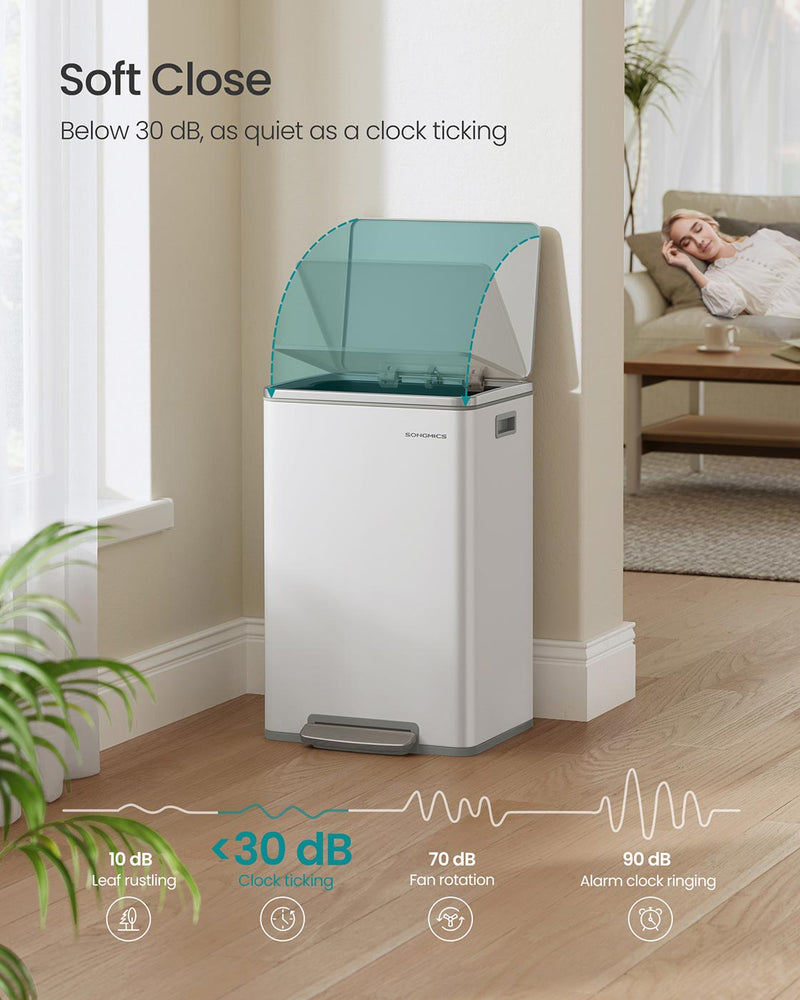 50L Kitchen Bin in Cloud White Stainless Steel with 15 Free Bin Bags by Songmics