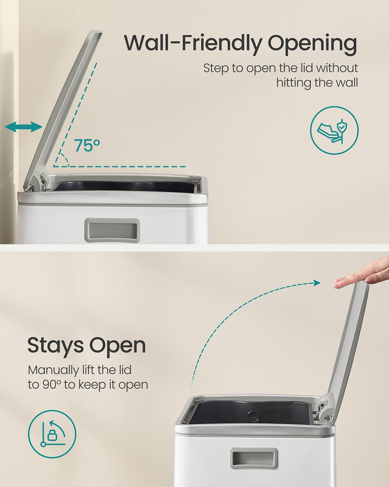 50L Kitchen Bin in Cloud White Stainless Steel with 15 Free Bin Bags by Songmics