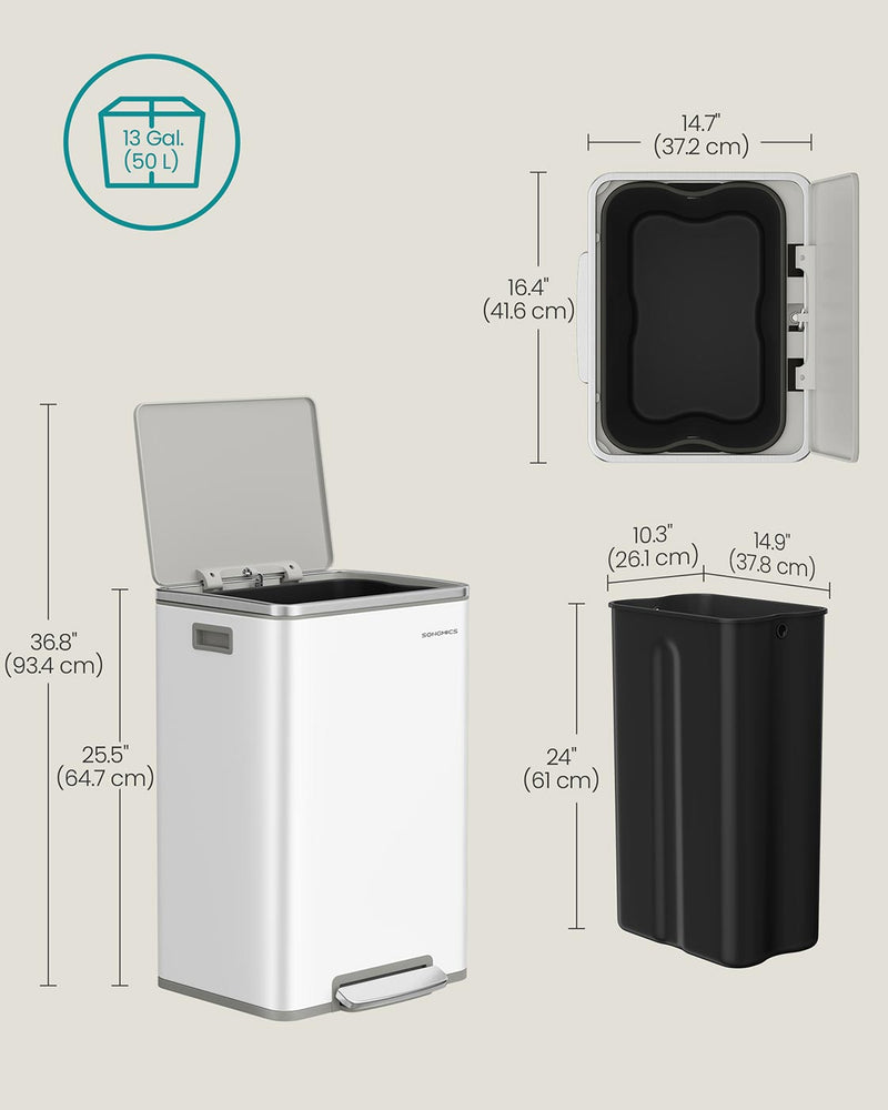 50L Kitchen Bin in Cloud White Stainless Steel with 15 Free Bin Bags by Songmics