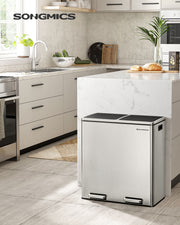 Stainless steel double rubbish bin styled in a modern kitchen island