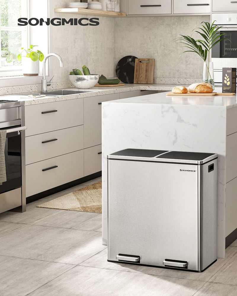 Stainless steel double rubbish bin styled in a modern kitchen island