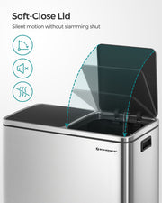 Soft-close lid mechanism lowering gently on the double rubbish bin