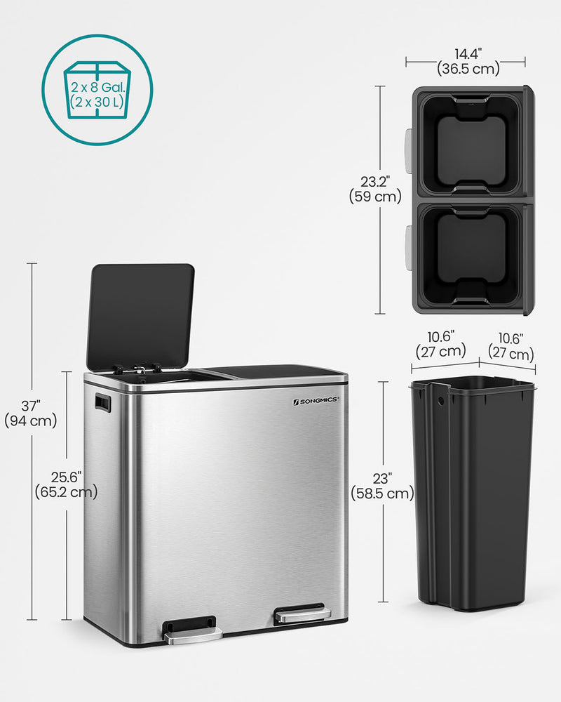 Dimension diagram showing the bin's height and 2 x 30 litre bucket capacity