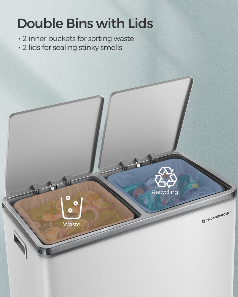 Open white double bin showing separate waste and recycling compartments