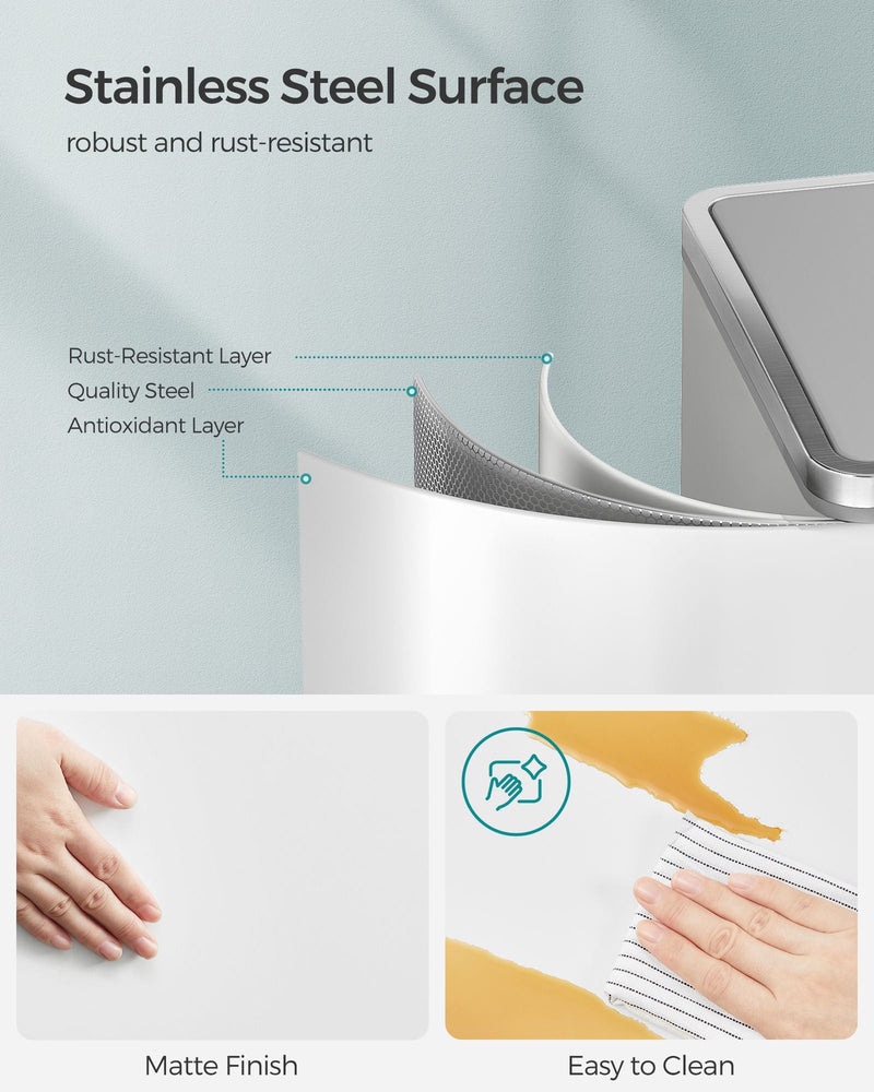 Close-up of the white bin's steel lid and pedal detailing