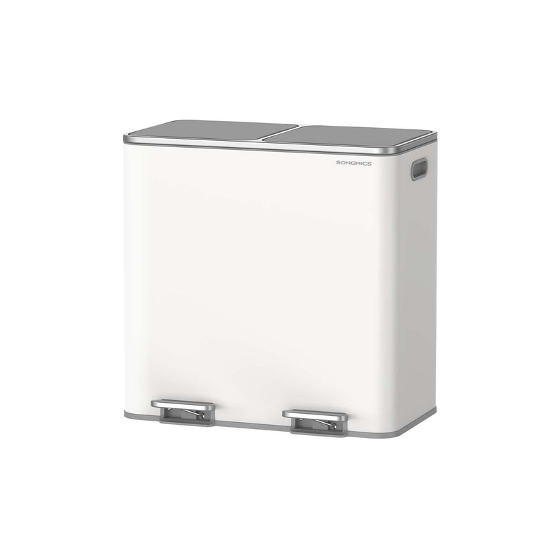 Songmics dual compartment pedal bin in white and grey, angled studio shot