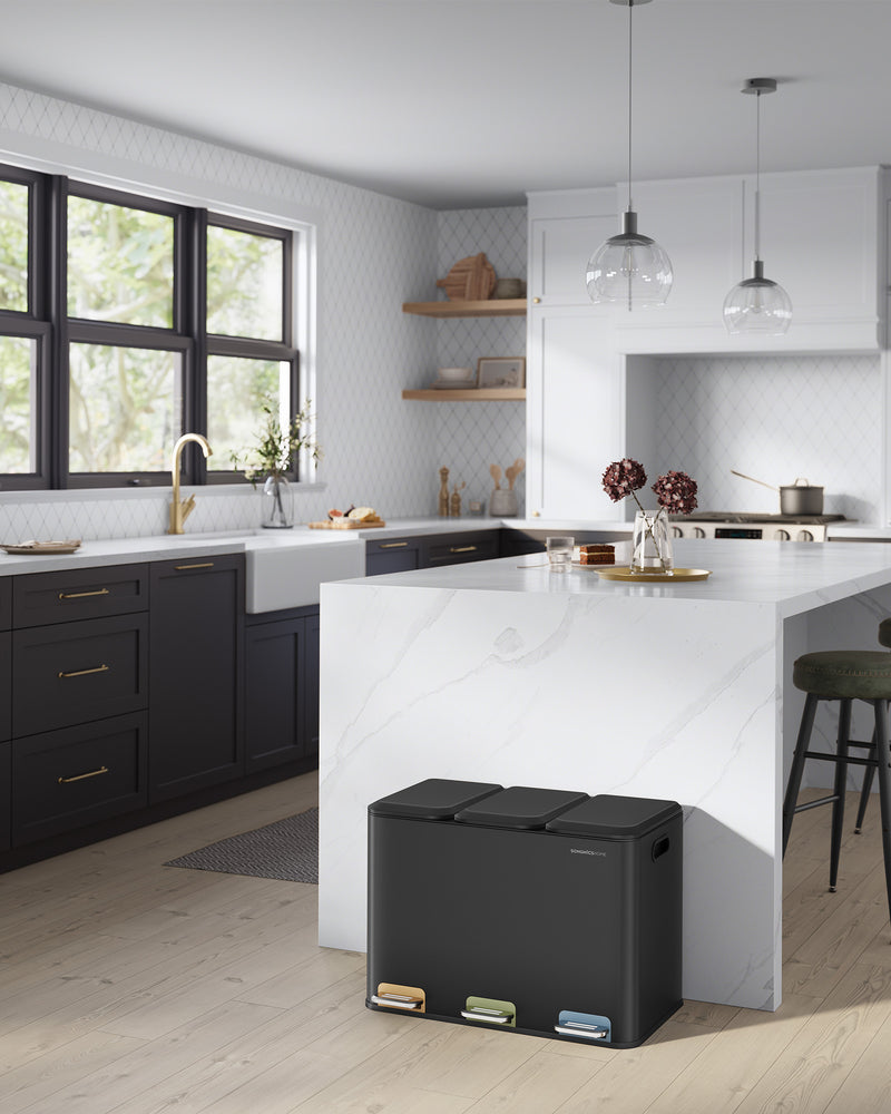 Triple Kitchen Bin with Colour Coded Pedals 3 x 18L in Black for Waste Recycling by Songmics Home