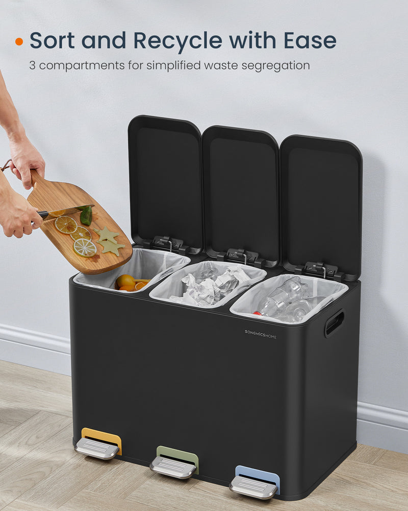 Triple Kitchen Bin with Colour Coded Pedals 3 x 18L in Black for Waste Recycling by Songmics Home