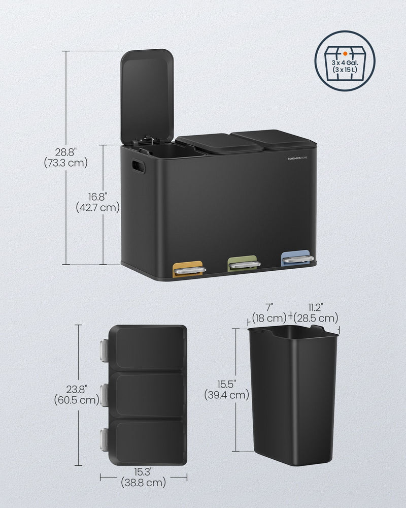 Triple Kitchen Bin with Colour Coded Pedals 3 x 18L in Black for Waste Recycling by Songmics Home