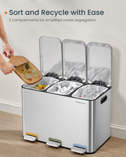 Triple Kitchen Recycling Bin with Colour Coded Pedals in Metallic Silver by Songmics Home
