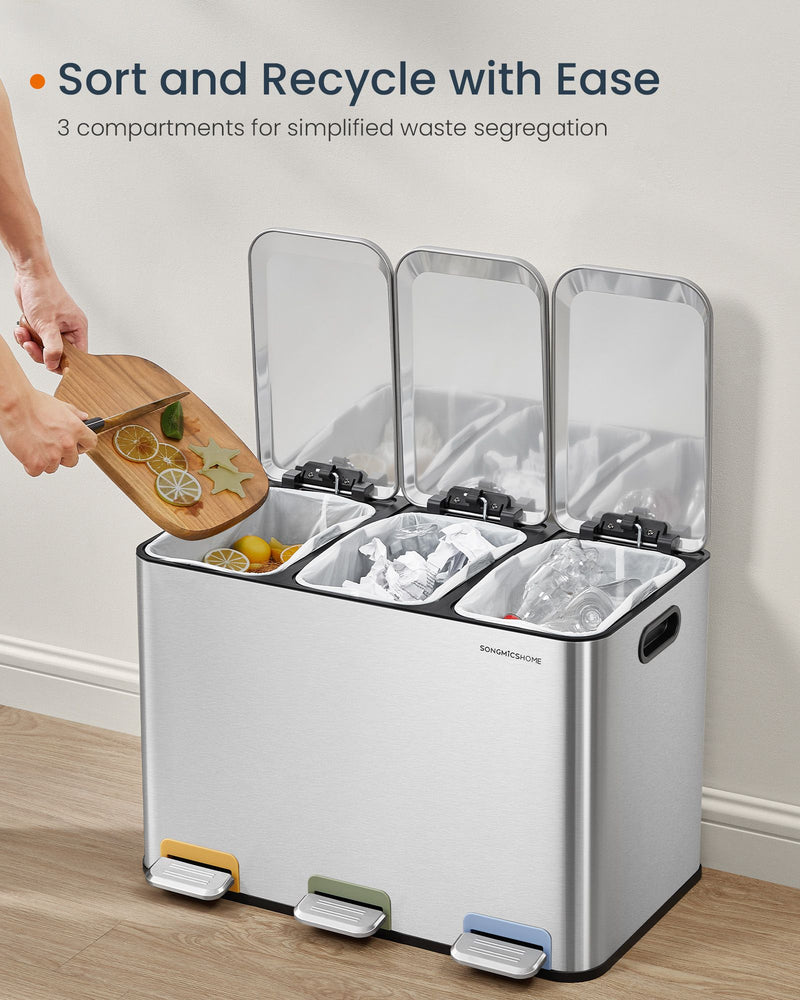 Triple Kitchen Recycling Bin with Colour Coded Pedals in Metallic Silver by Songmics Home