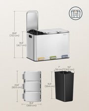 Triple Kitchen Recycling Bin with Colour Coded Pedals in Metallic Silver by Songmics Home