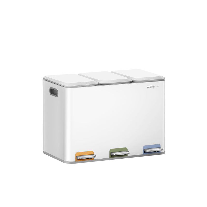 Triple Kitchen Recycling Bin Colour Coded Pedals 3 x 18L in Cloud White by Songmics Home