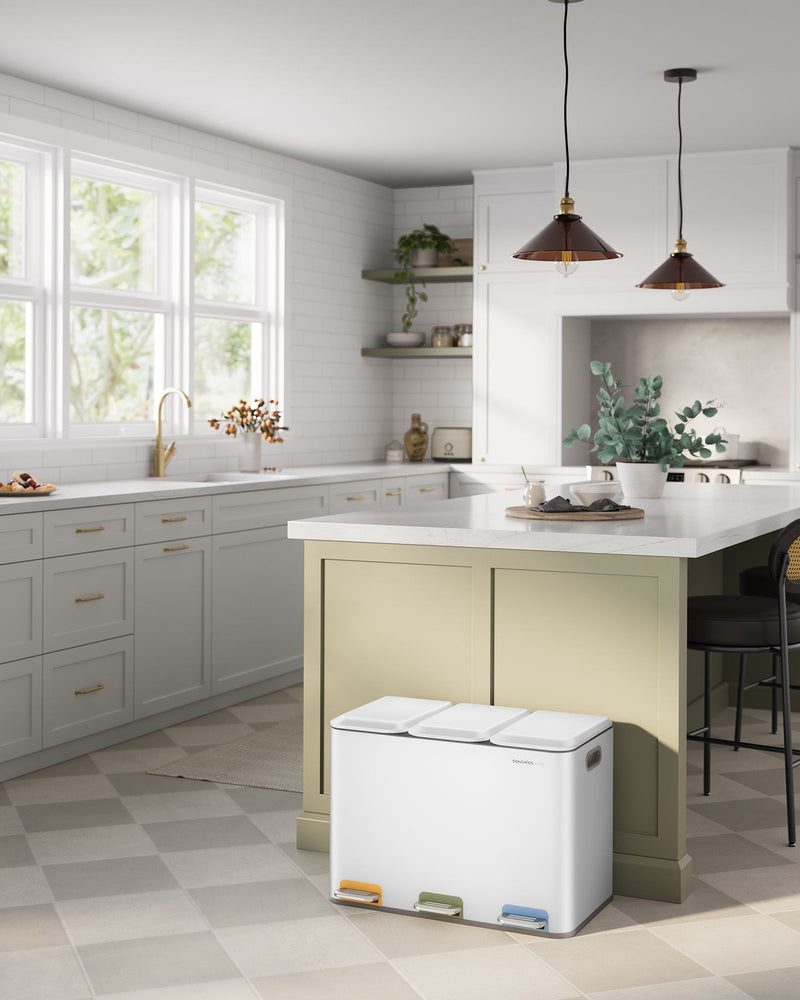 Triple Kitchen Recycling Bin Colour Coded Pedals 3 x 18L in Cloud White by Songmics Home