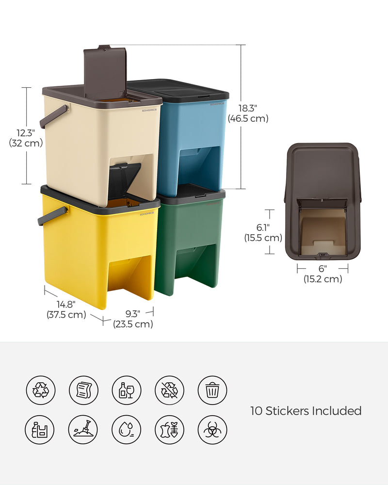 Set of 4 Stackable Recycling Bins for Kitchen Waste in Beige and Green by Songmics