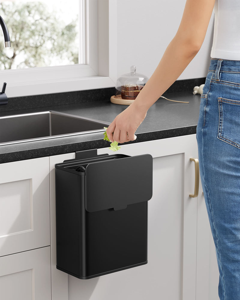 8 Litre Hanging Steel Kitchen Bin with Hooks in Ink Black Space Saving Design by Songmics