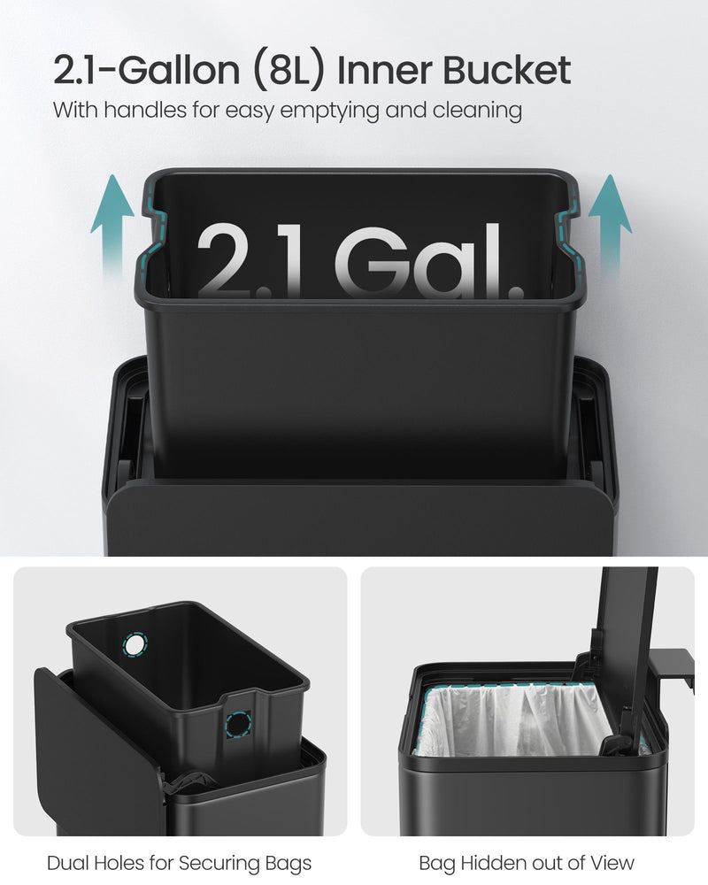 8 Litre Hanging Steel Kitchen Bin with Hooks in Ink Black Space Saving Design by Songmics