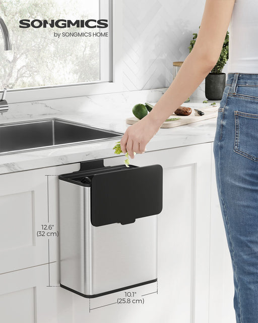 8L Steel Hanging Kitchen Bin with Lid Space Saving Rubbish Solution by Songmics