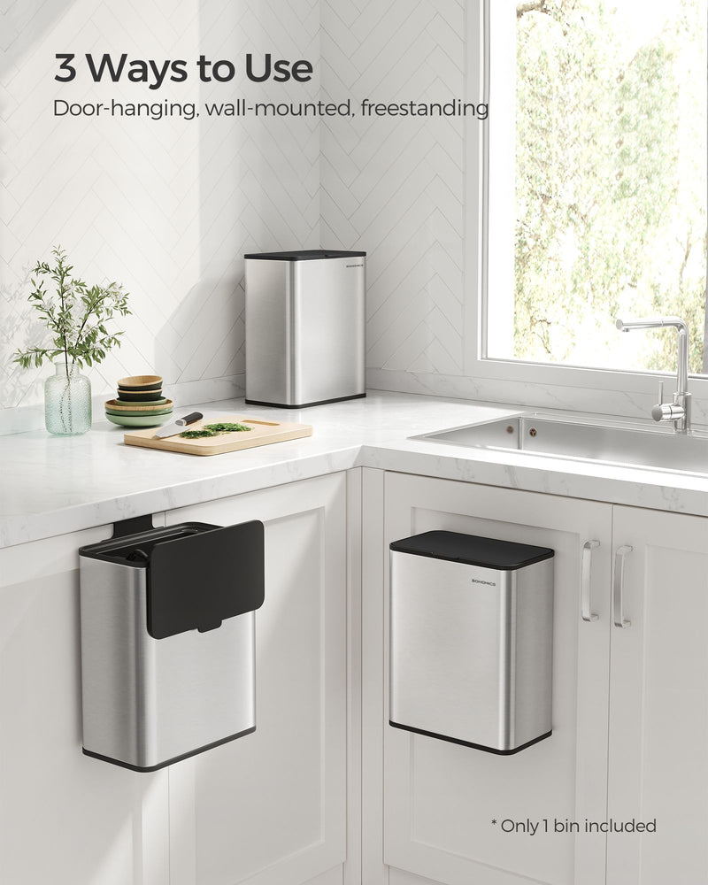 8L Steel Hanging Kitchen Bin with Lid Space Saving Rubbish Solution by Songmics