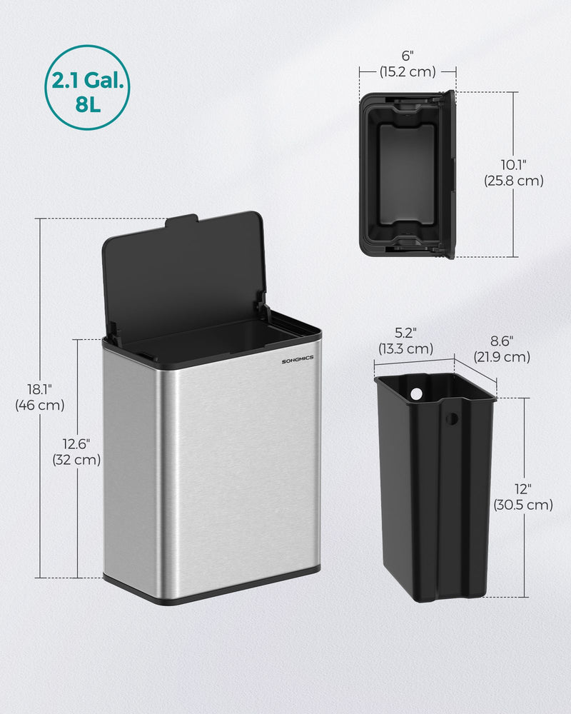 8L Steel Hanging Kitchen Bin with Lid Space Saving Rubbish Solution by Songmics
