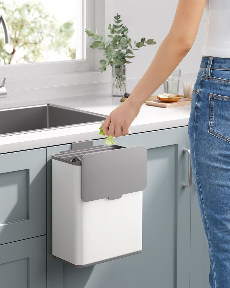 8 Litre Hanging Steel Kitchen Bin with Hooks in Cloud White Space Saving Design by Songmics