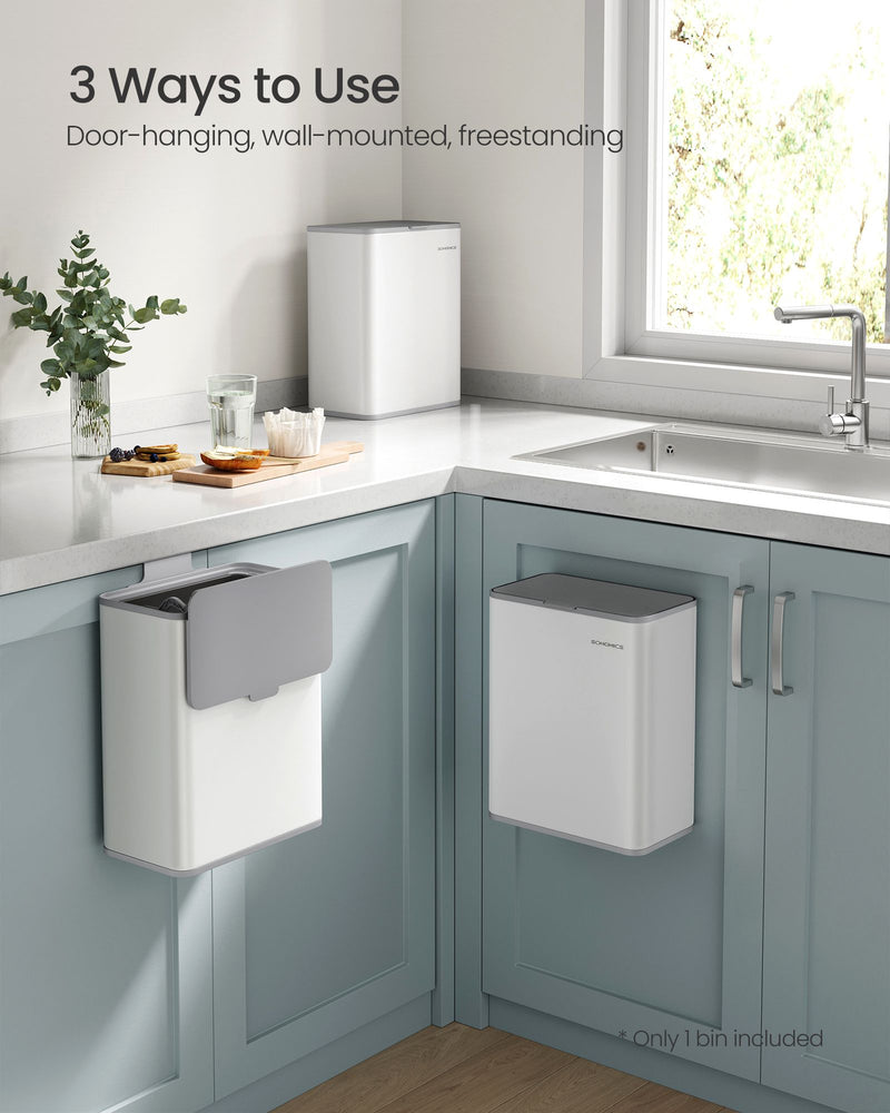 8 Litre Hanging Steel Kitchen Bin with Hooks in Cloud White Space Saving Design by Songmics