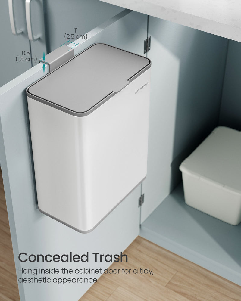 8 Litre Hanging Steel Kitchen Bin with Hooks in Cloud White Space Saving Design by Songmics