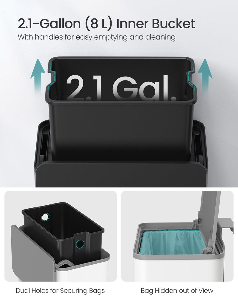 8 Litre Hanging Steel Kitchen Bin with Hooks in Cloud White Space Saving Design by Songmics