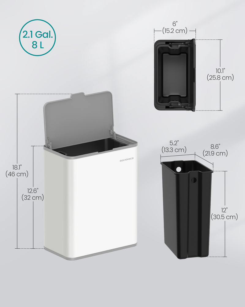 8 Litre Hanging Steel Kitchen Bin with Hooks in Cloud White Space Saving Design by Songmics