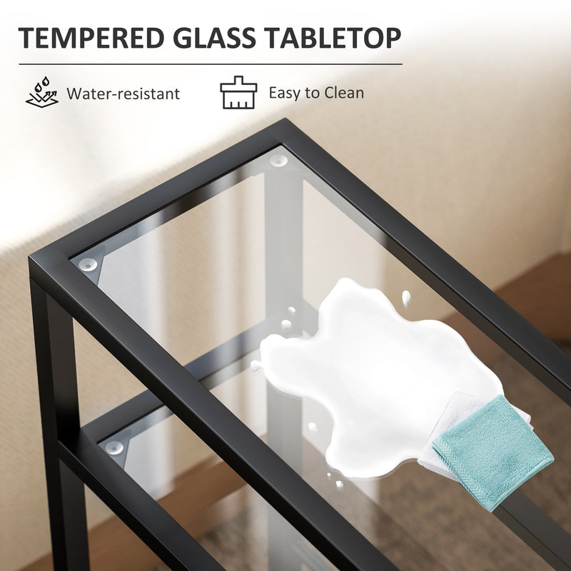 Slim Glass Side Table with Three Shelves for Small Spaces and Extra Storage Black