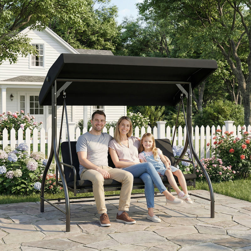 3 Seater Garden Swing Seat with Adjustable Canopy and Fold Flat Bed for Outdoor Relaxing Black