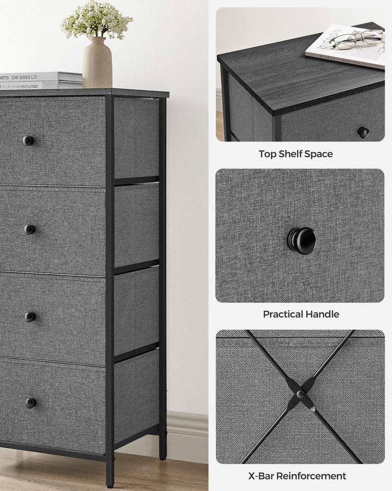 4 Drawer Fabric Chest in Classic Grey and Black for Bedroom or Hallway Storage by Songmics