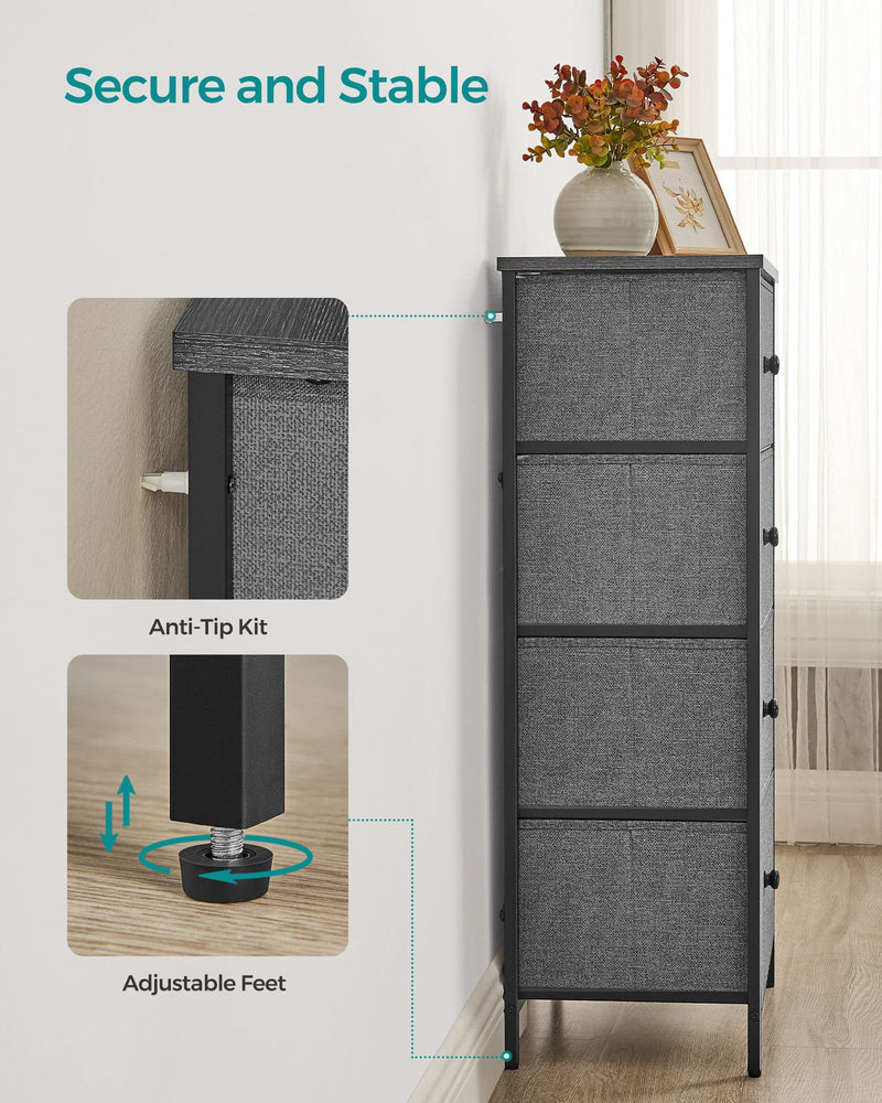 4 Drawer Fabric Chest in Classic Grey and Black for Bedroom or Hallway Storage by Songmics