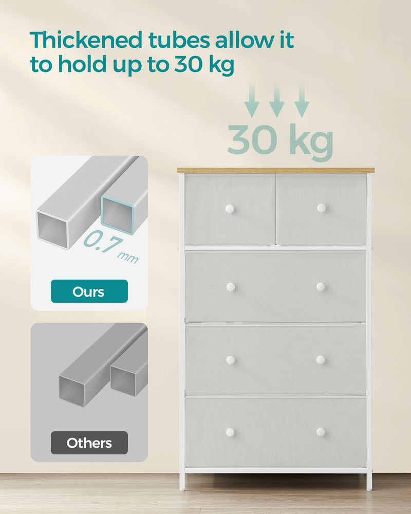 White and Oak Fabric Chest of Drawers with 5 Storage Drawers for Home Organisation by Songmics