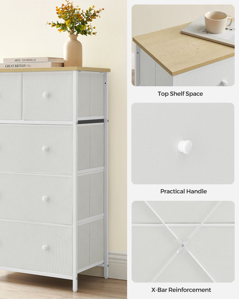 White and Oak Fabric Chest of Drawers with 5 Storage Drawers for Home Organisation by Songmics