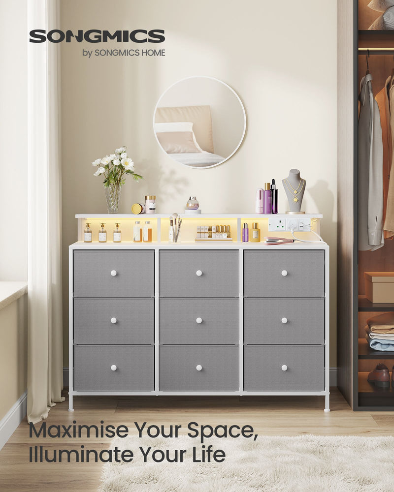 Storage Unit with 9 Fabric Drawers LED Lights and USB Charging Station by Songmics