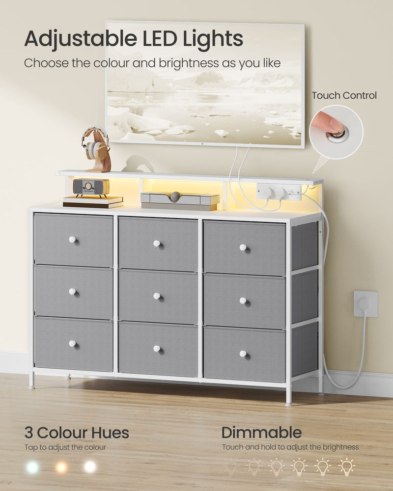 Storage Unit with 9 Fabric Drawers LED Lights and USB Charging Station by Songmics