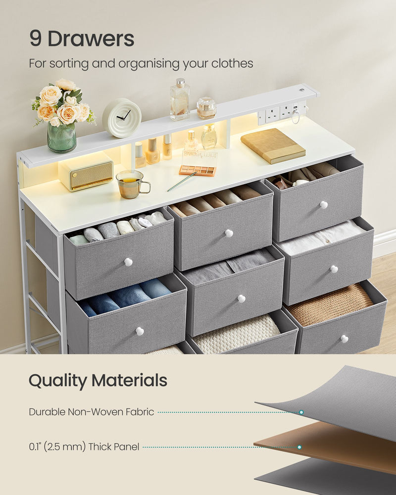 Storage Unit with 9 Fabric Drawers LED Lights and USB Charging Station by Songmics