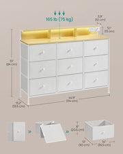 9 Drawer Fabric Storage Unit with LED Lights and USB Charging Station by Songmics