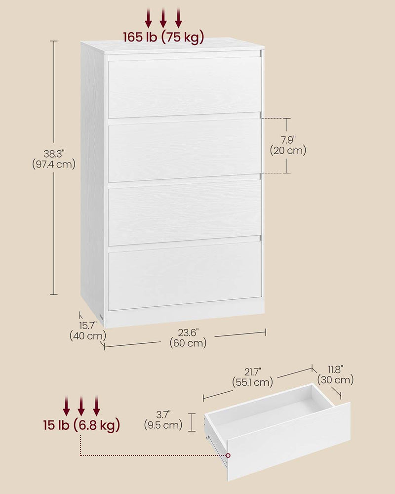 Four Drawer Chest of Drawers with Storage in Modern KAILYN Design for Bedroom by Vasagle