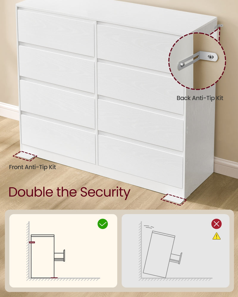 8 Drawer Chest of Drawers For Bedroom - Modern White Finish - 120x40x98cm