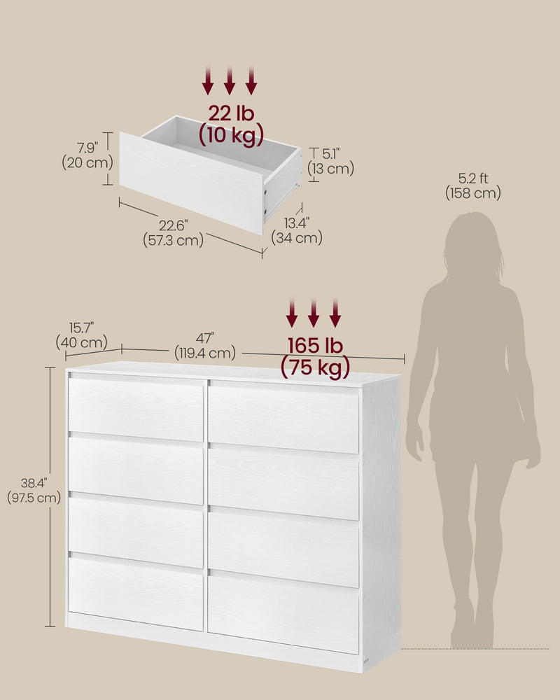 8 Drawer Chest of Drawers For Bedroom - Modern White Finish - 120x40x98cm