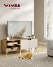 140 cm TV Cabinet with Storage 2 Door Straw Yellow and Cream White TV Stand by Vasagle
