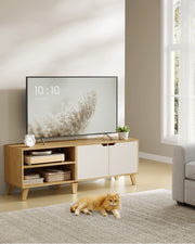 140 cm TV Cabinet with Storage 2 Door Straw Yellow and Cream White TV Stand by Vasagle