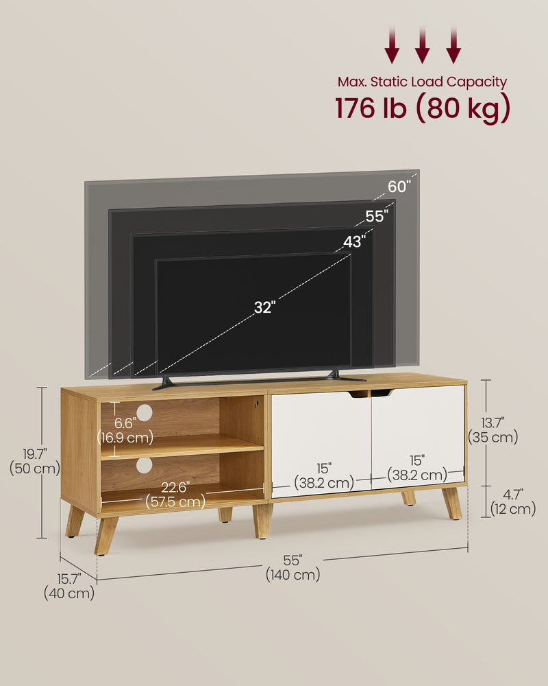 140 cm TV Cabinet with Storage 2 Door Straw Yellow and Cream White TV Stand by Vasagle