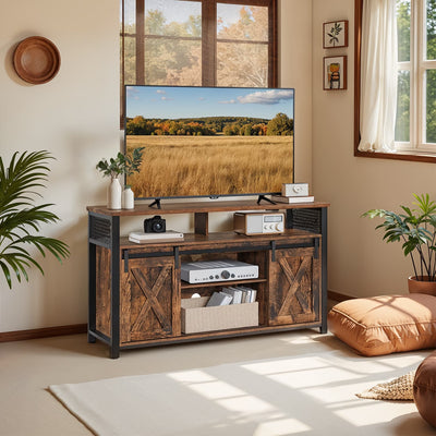 Rustic Brown and Black TV Stand with Open Storage Shelves for Living Room by Vasagle