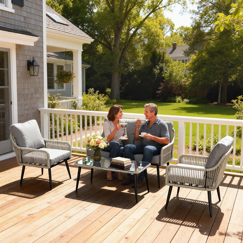 Rattan Garden Conversation Set with Cushions and Coffee Table for Relaxing Outdoors Light Grey