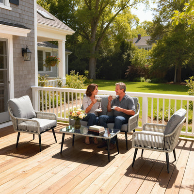 Rattan Garden Conversation Set with Cushions and Coffee Table for Relaxing Outdoors Light Grey Outsunny