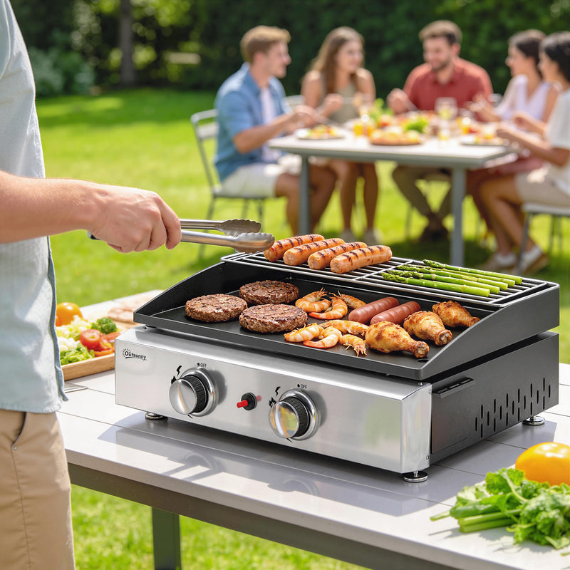 Portable Gas BBQ with 2 Cooking Zones and Warming Rack for Easy Outdoor Meals Black Outsunny